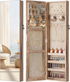 Nicetree Mirror Jewelry Cabinet, Jewelry Armoire with Full Length Mirror,Mirror with Jewelry Storage Wall/Door Mounted, Lockable Jewelry Armoire Organizer,Toasted Oak