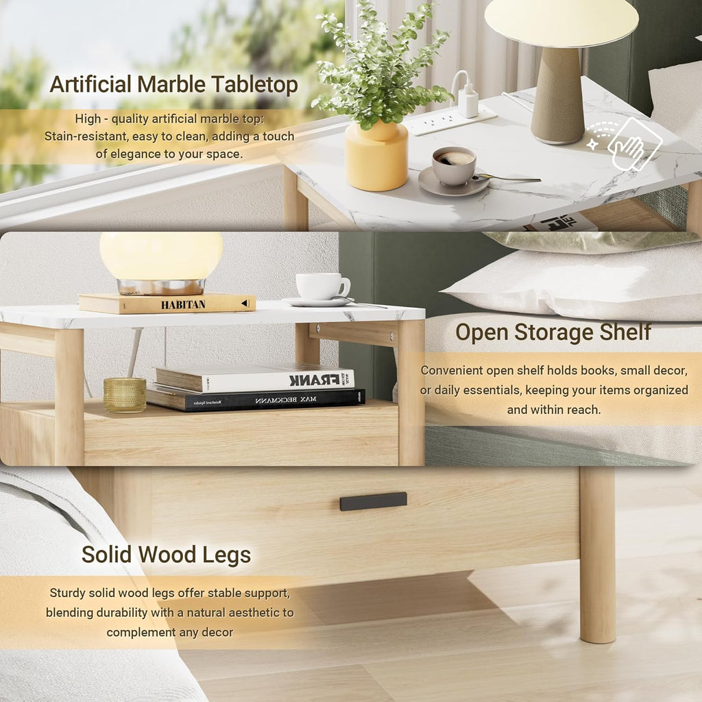 Night Stand with Charging Station, 24" Large Modern Nightstand with Faux Marble Top, 2 Drawers End Table with Solid Round Post Legs & Open Shelf, for Bedroom, Natural Oak