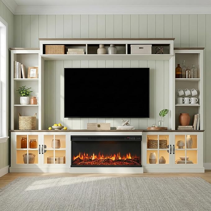 White 98” Farmhouse TV Stand with Fireplace, Entertainment Center, Wall Unit Media Console with Bookshelf, Cabinet & Power Outlets & Barn Doors, Fits TVs Up to 75” for Living Room