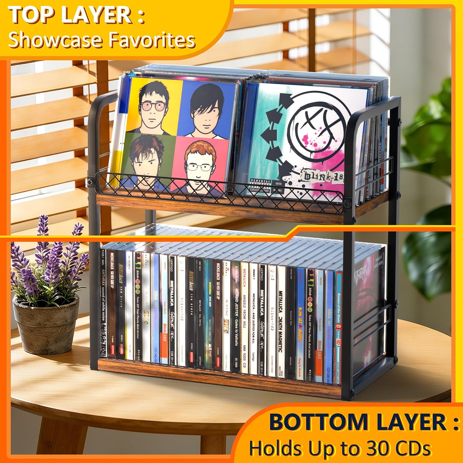 Alyoen 2-Tier CD Holder, CD Storage Rack, CD Organizer with Display Top Shelf, CD Case Holder for Home Office, Holds Up to 60 Standard, Ideal for Music Enthusiasts