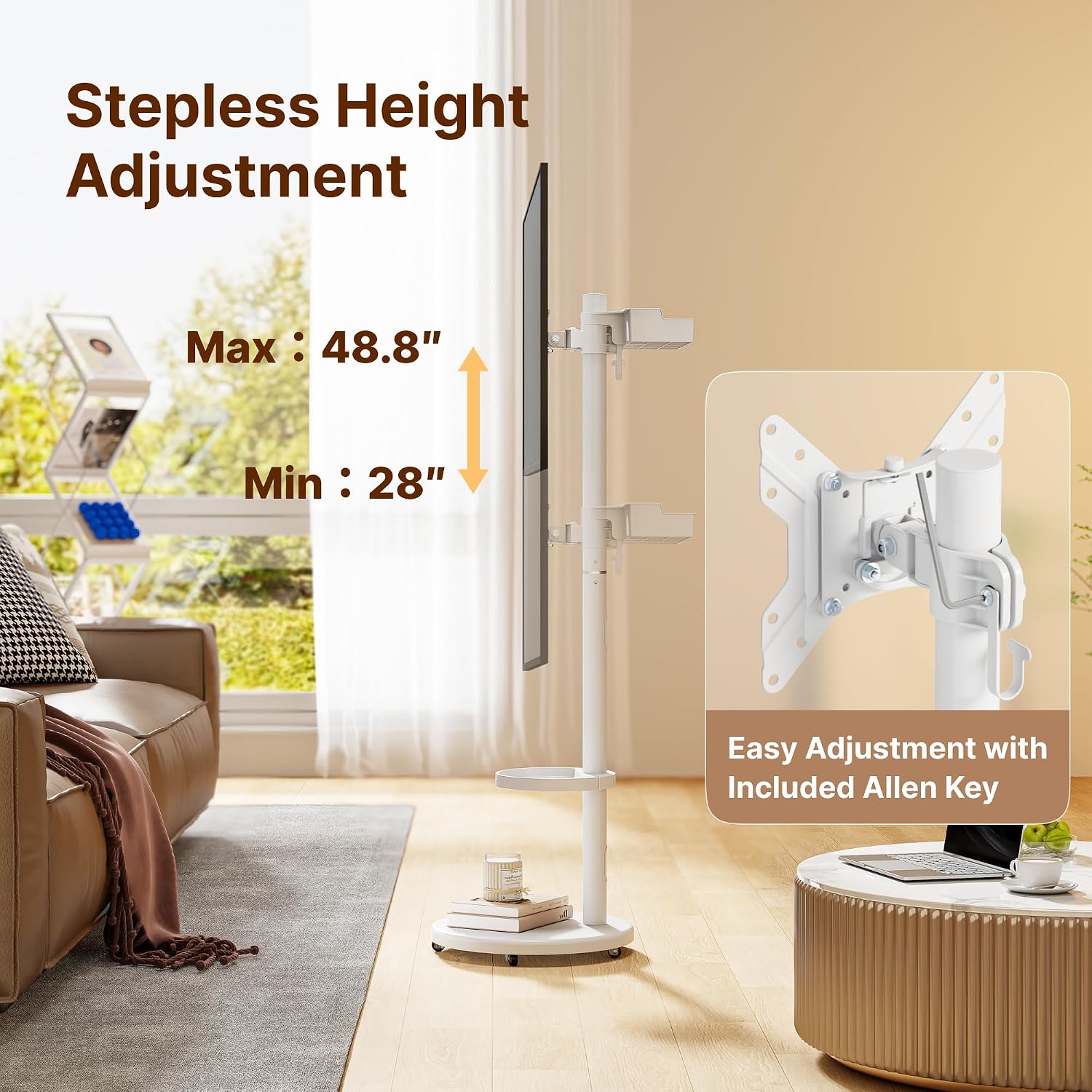 Rolling TV Stand for 13-43" TVs, 33 lbs, White | Compact mobile TV cart, portrait or landscape rotation, adjustable storage box and shelf, VESA up to 200x200