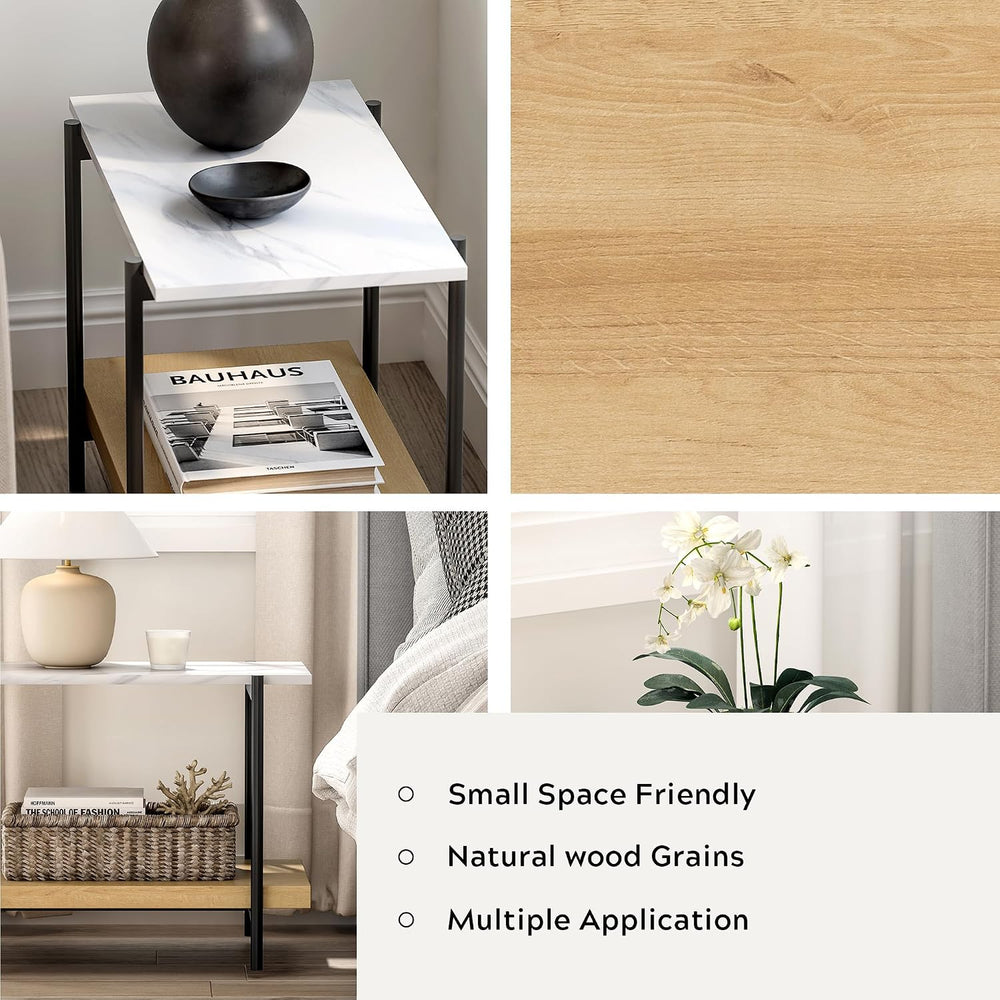 End Table with 2 Tier Wood Open Shelf, Rectangular Sofa Side Table with Metal...
