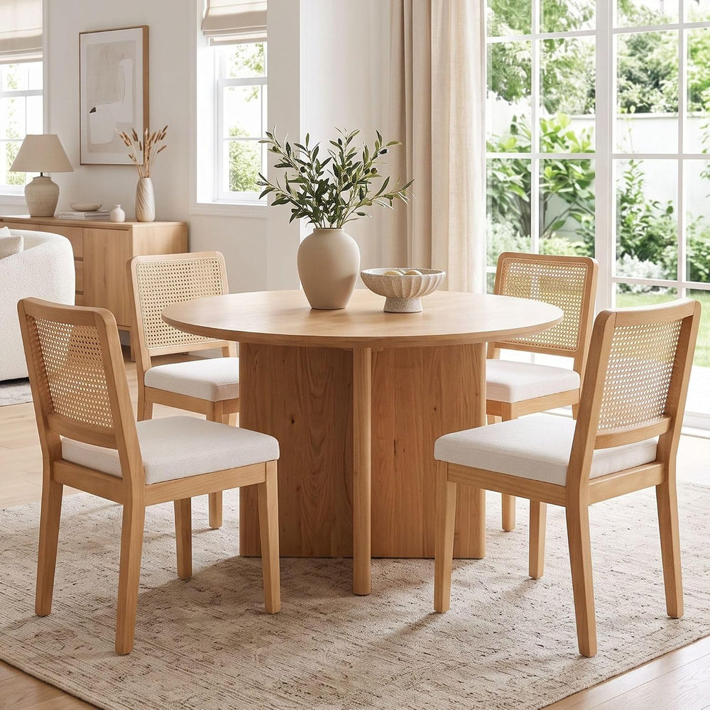 HNY Modern Farmhouse Rattan Dining Chairs Set of 4 Beige Chenille Upholstered...