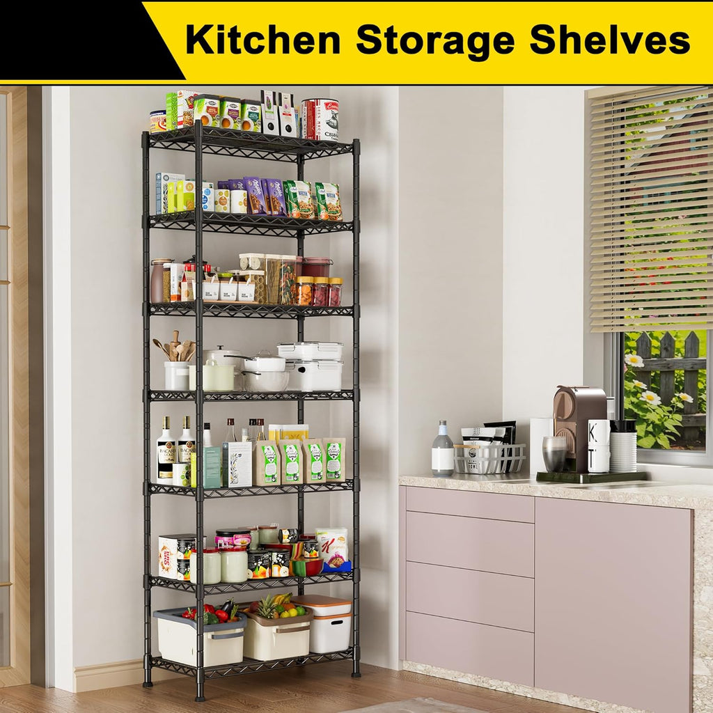 GIOTORENT 7-Wire Garage Shelving Storage Shelves, Kitchen Storage Adjustable Shelf, Metal Shelves 1400Lbs Capacity 24" W x 14" D x 71.6" H for Laundry Bathroom Pantry Closet, Black