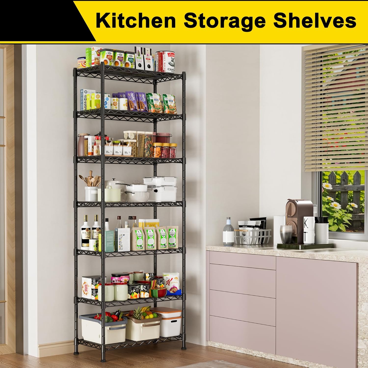 GIOTORENT 7-Wire Garage Shelving Storage Shelves, Kitchen Storage Adjustable Shelf, Metal Shelves 1400Lbs Capacity 24" W x 14" D x 71.6" H for Laundry Bathroom Pantry Closet, Black