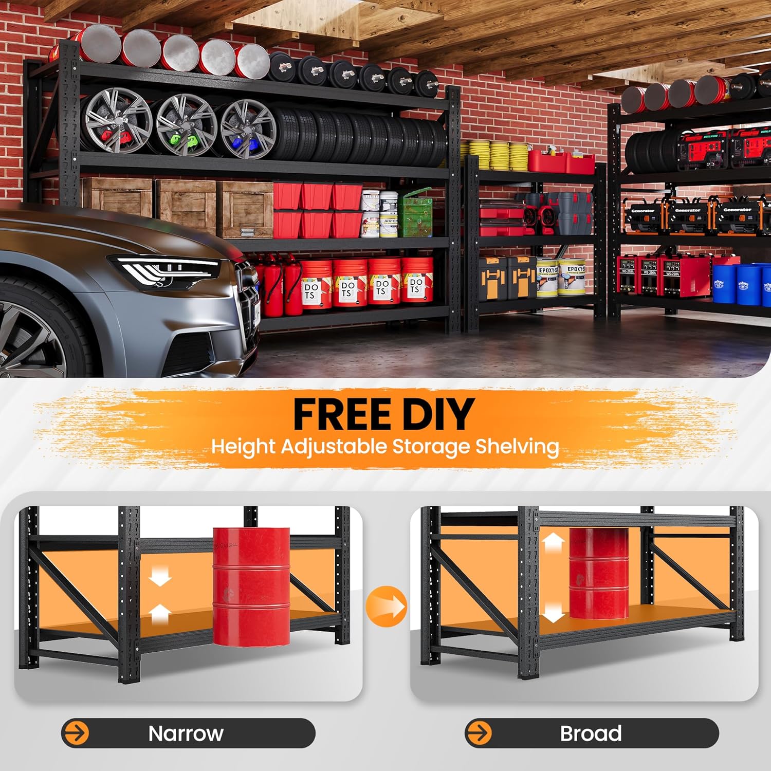 71”W Garage Shelving Units, 5000LBS Storage Shelves Heavy Duty, 24" Deep Metal Shelving Rack, 4 Tier Large Tall Industrial Shelving , Adjustable Standing Shelf for Warehouse / Shop 71"W x 24"D x 70"H