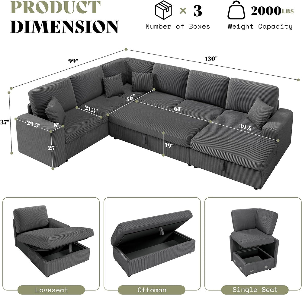 130" Sectional Couches for Living Room, Modular Sectional Sofa, Grey | S...