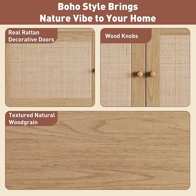 Ball & Cast 76" Boho TV Stand for TVs up to 85", Media Console with Real Rattan Doors, Open Shelf, 3 Drawers & 2 Cabinets, Natural Wood Grain Entertainment Center w/Solid Wood Legs for Living Room