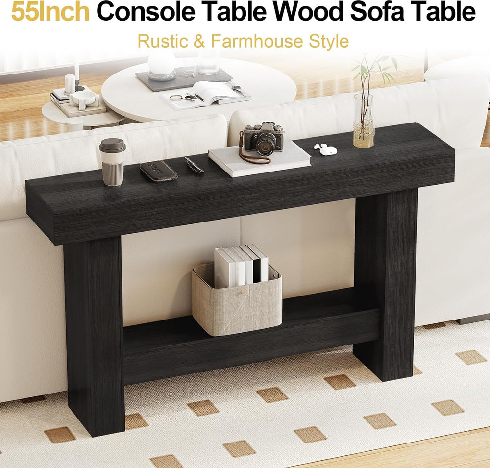 55 Inch Farmhouse Console Table, Wooden Rectangular Sofa Table Behind the Cou...