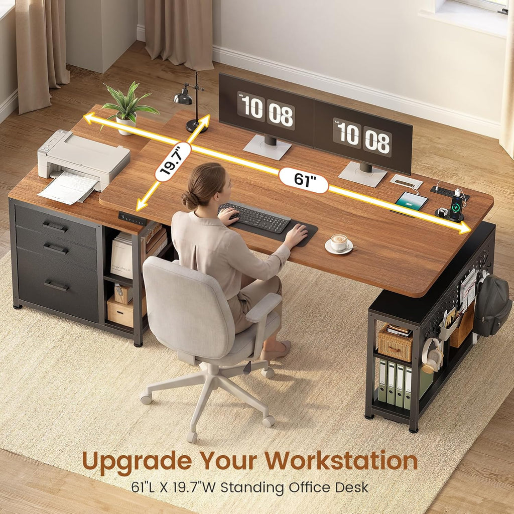 SEDETA Electric Standing Desk with 3 Fabric Drawers, 61" Height Adjustable Office Executive Desk with Storage Drawers, Stand up Computer Desk with Power Outlet for Home Office (Black + Brown)