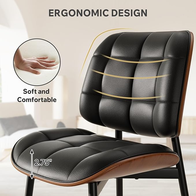 Dining Chairs Set of 6, Black Mid Century Modern Dining Room Chair, Upholstered Faux Leather Kitchen Chairs with Thick Cushion and Walnut Bentwood Back for Kitchen Dining Room, Black