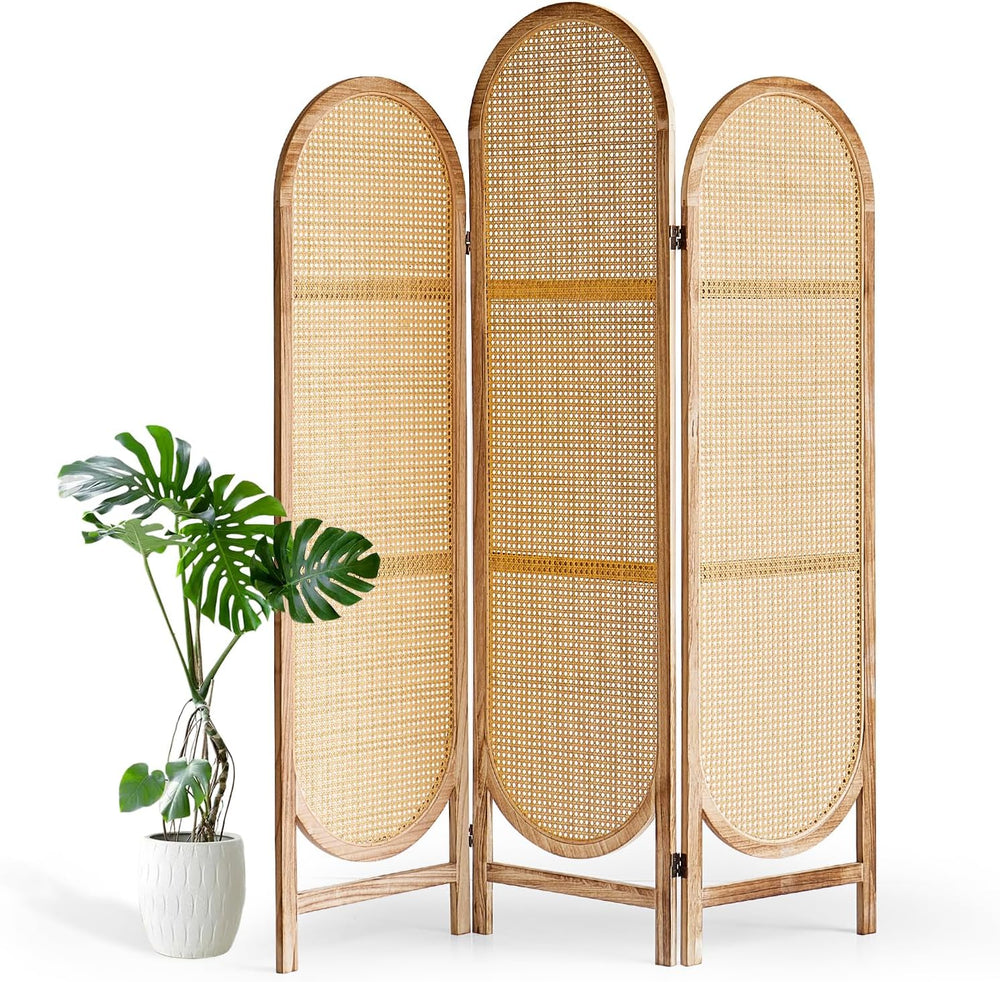3 Panel Rattan Room Divider Screen, Boho Folding Privacy Screen
