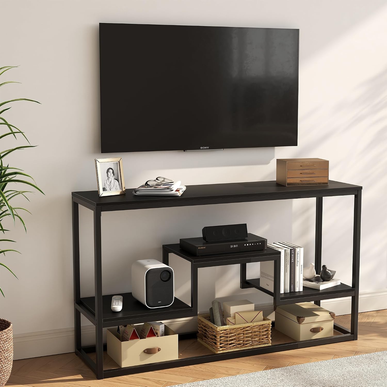 YOUDENOVA TV Stand for 47" TV, 3-Tier Storage Shelves, Black | Industrial TV console with open storage shelves, ideal for TVs up to 55" in living room.