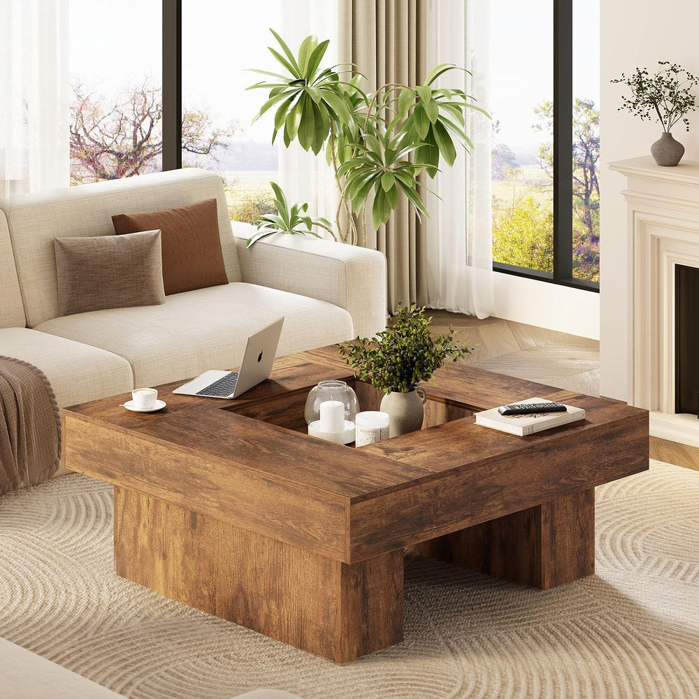 LVB 39"x39" Large Square Rustic Brown Wood Coffee Table for Living ...