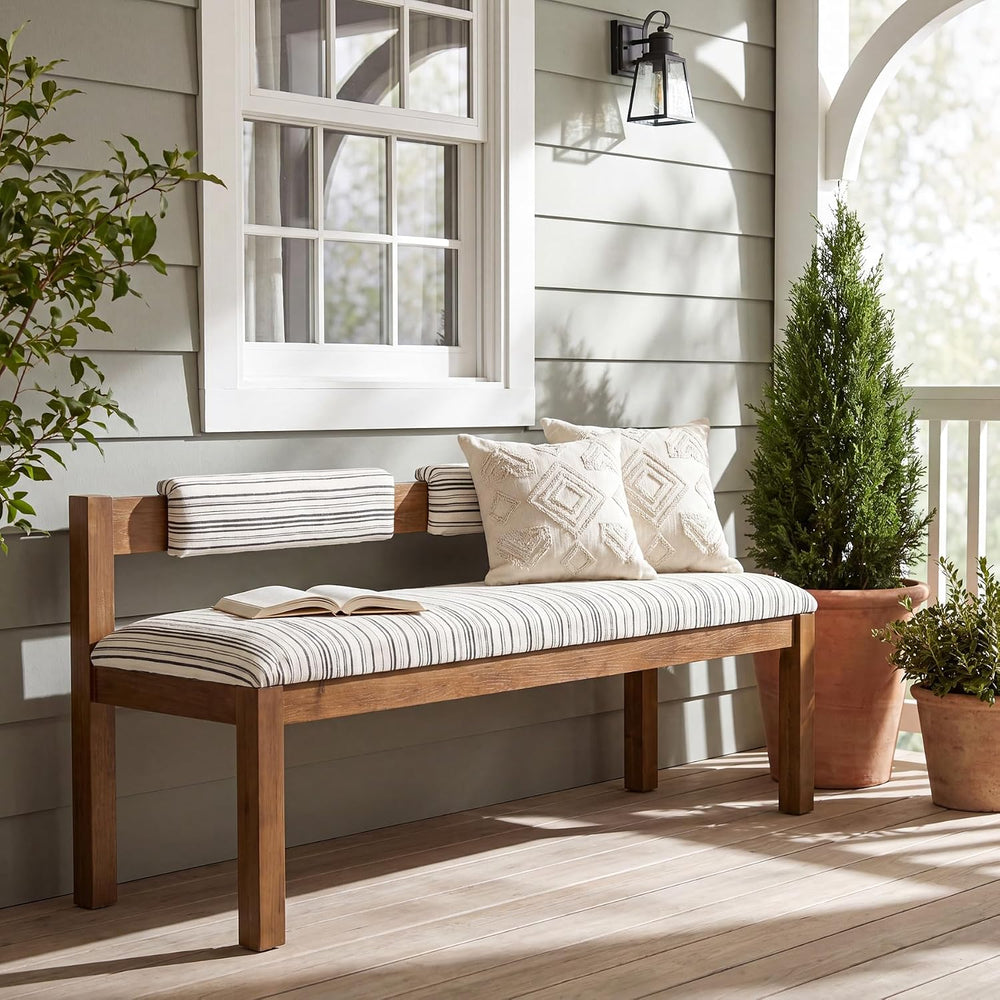 Wood Dining Bench, 55" Upholstered Kitchen Bench with Backrest | Farmhou...