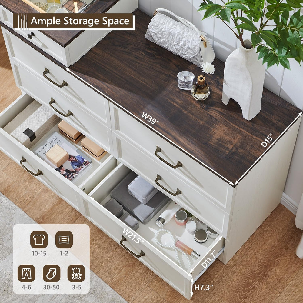 Aitjunz 69" W Farmhouse Vanity Desk with Glass Top,9 Drawers, Antique Wh...