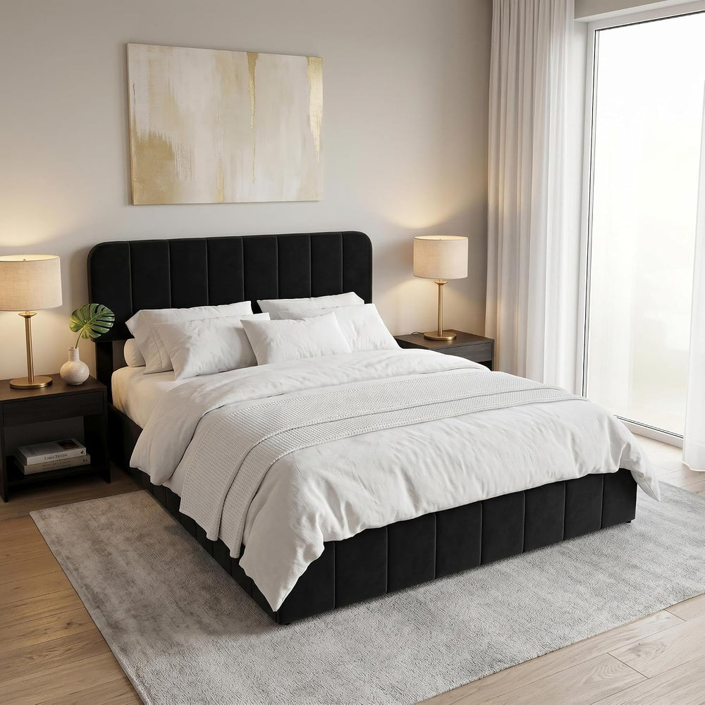 IDEALHOUSE King Size Velvet Bed Frame with Adjustable Headboard, Beige