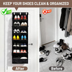 7 Tier Over The Door Shoe Organizer, Hanging Shoe Rack for Closet with Dustproof Mesh Curtain & 6 Side Pockets, Behind The Door Narrow Shoe Holder Hanger for Sneakers, Boots (Black)