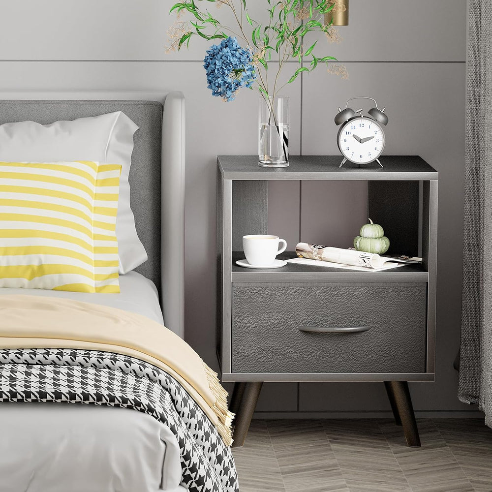Aenuert Night Stand, Black Nightstand with Drawer, Side Table with Open Stora...
