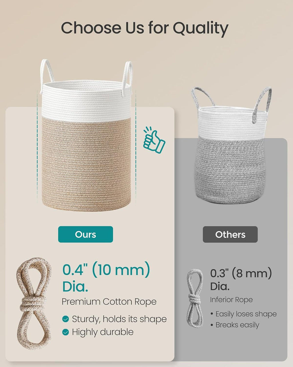 SONGMICS Laundry Hamper, Cotton Rope Laundry Basket with Handles, for Children, Toys, Clothing, Living Room, Bedroom, 15.8 Gallons, 13.8 x 13.8 x 19.7 Inches, White and Grayish Brown URLH061LZ01