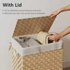 Foldable Laundry Hamper Basket with Lid by Fiona's magic, Handwoven 96L Large Clothes Hamper with Removable Liner Bags, Collapsible Tall Hamper for Bedroom, Bathroom and Dorm Organizer, 2Pack, Natural