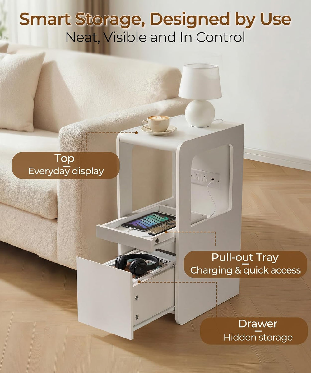 Narrow Side Table Small End Table with Charging Station White Skinny End Tabl...