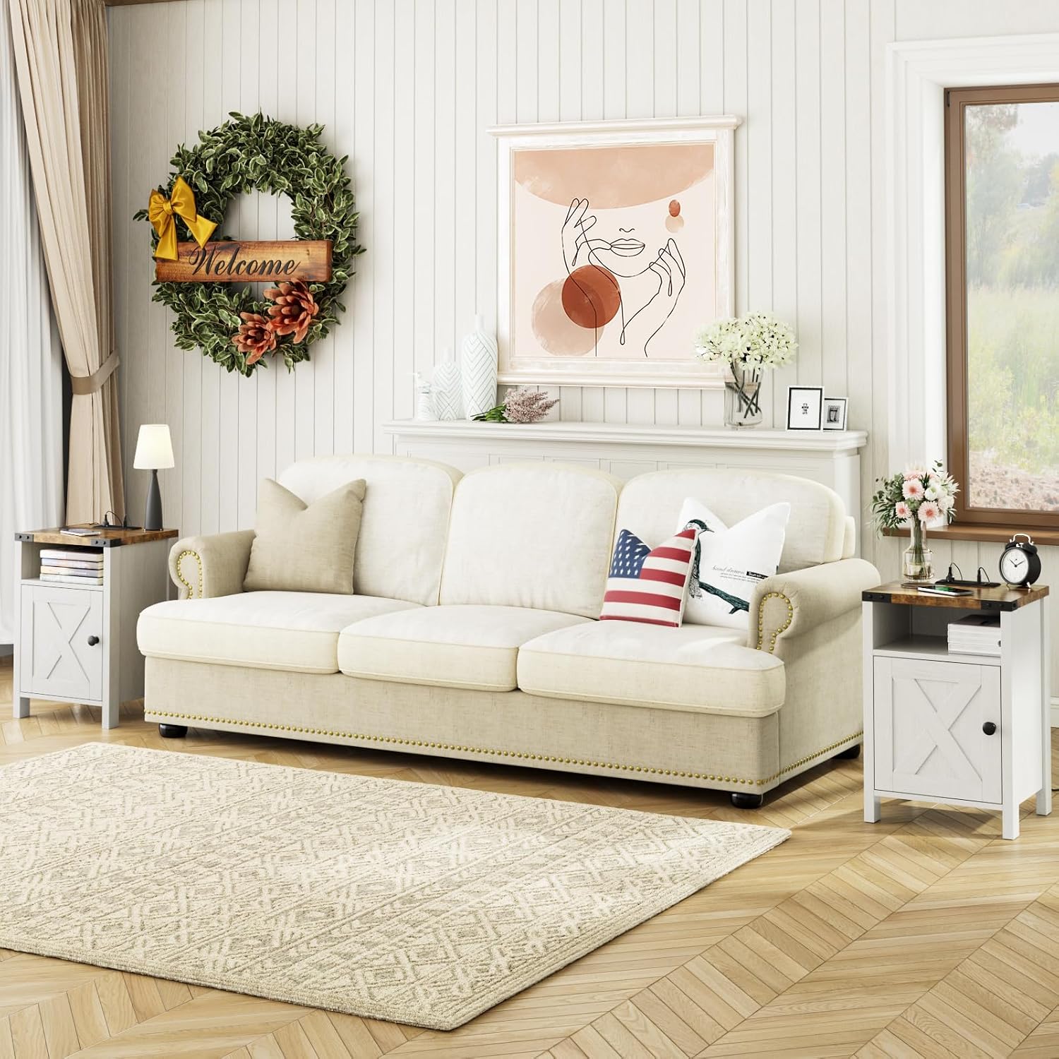 Fameill Farmhouse End Tables with Charging Station, Modern White | Nightstand with Barn Door and Shelf, Rustic Living Room Bedroom Side Table
