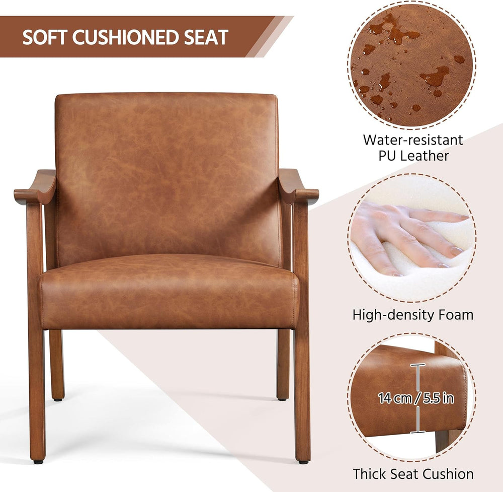 Yaheetech Accent Chairs, Mid-Century Faux Leather Armchairs, Light Brown