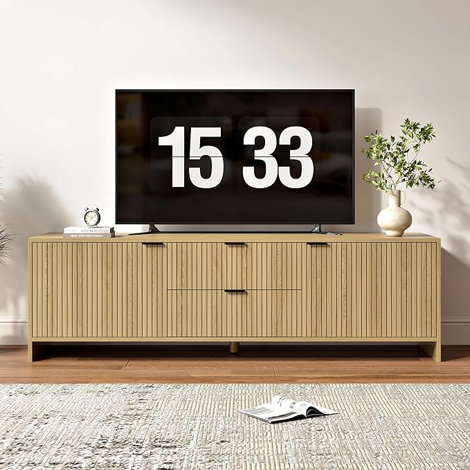 Fluted TV Stand for TVs up to 70",Modern TV Console with 2 Drawers,Wood Entertainment Center with Storage Cabinets & Adjustable Shelves for Living Room,Natural Oak