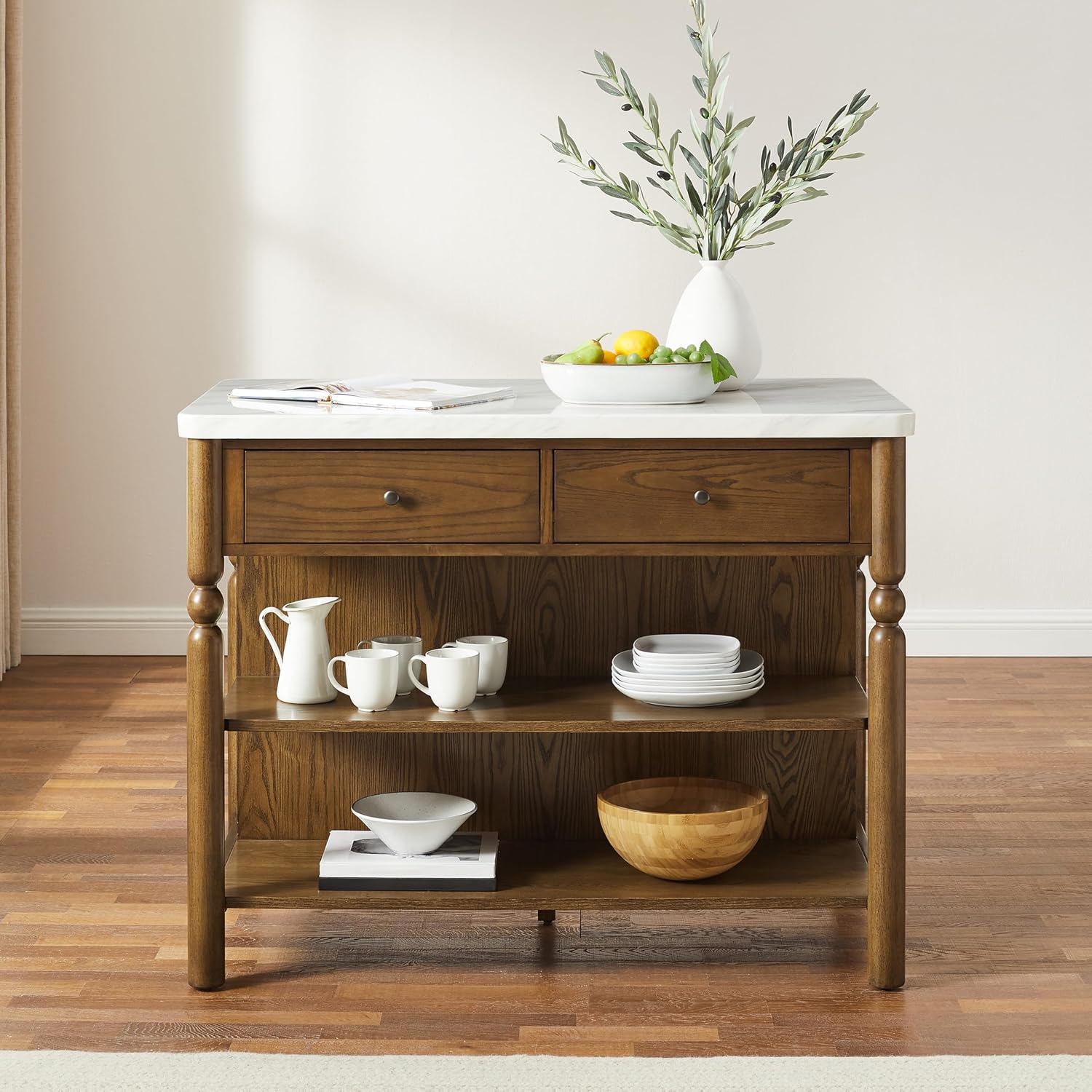 Crosley Furniture Roselyn Traditional Kitchen Island Breakfast Bar Table, Counter-Height Dining, Brown/White Marble