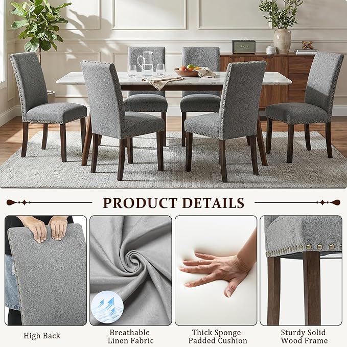 Furniliving Upholstered Dining Chairs Set of 2 - Line Fabric Modern Farmhouse Kitchen Chairs, High-Back Dining Room Chairs with Wooden Legs for Kitchen Dining Room Living Room.Grey