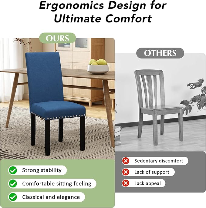LSSPAID Dining Chairs Set of 4, Fabric Upholstered Dining Room Parson Chair with Nailhead Trim and Solid Wood Legs for Home and Kitchen, Blue