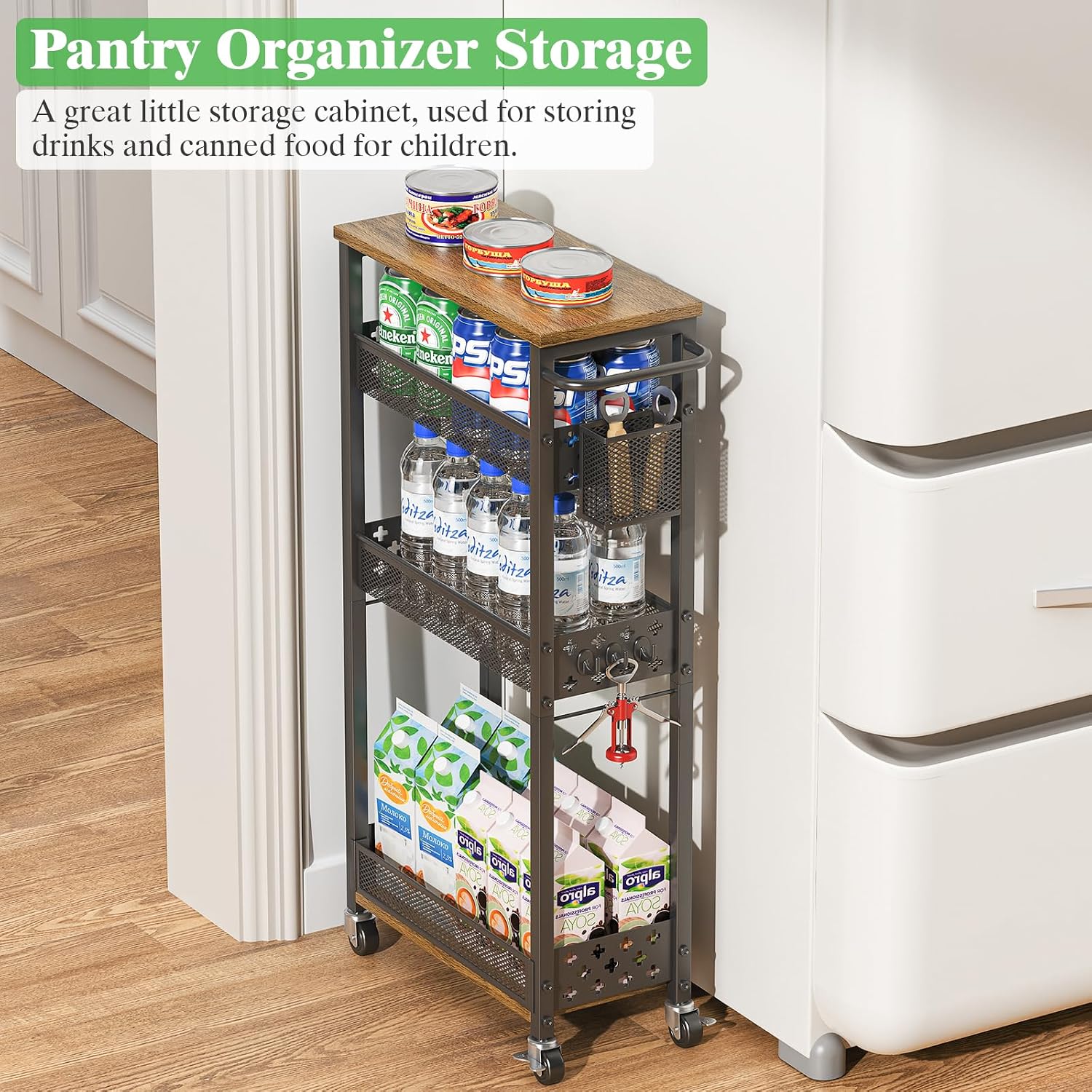 4 Tier Slim Rolling Storage Cart Laundry Room Organzier with Wheels | Small metal bathroom cart，kitchen organizer, trolley with handle and mesh basket, 7.1 inch width for narrow space, black