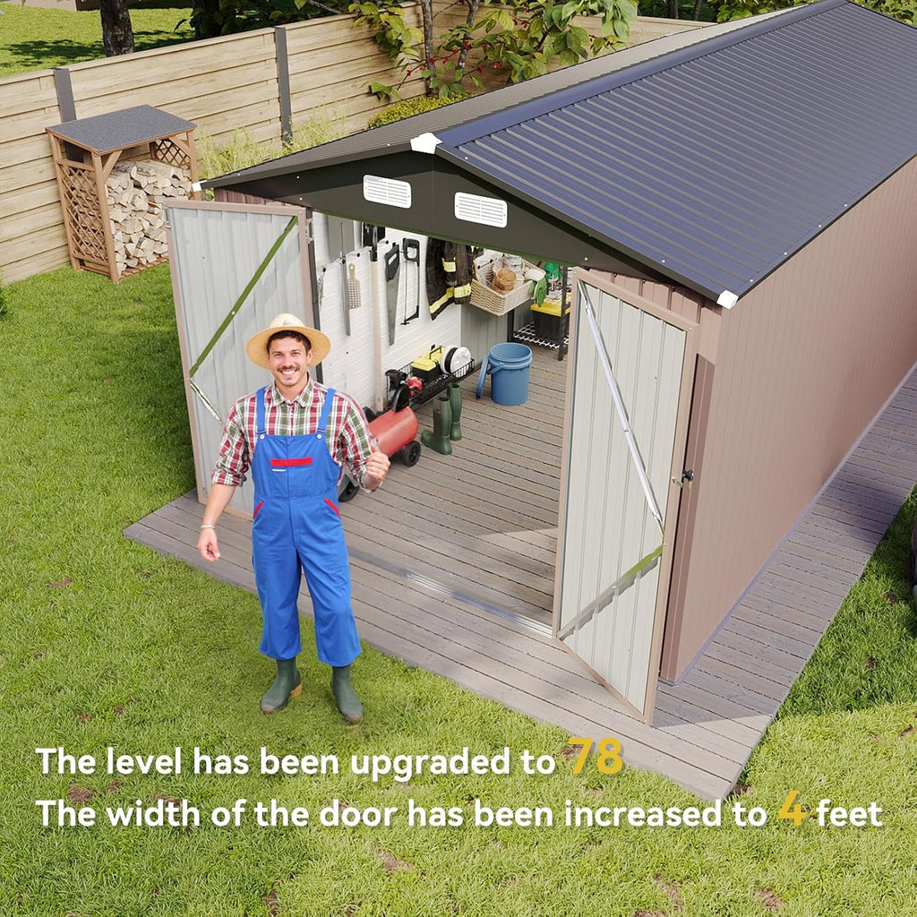 Aoxun 8x12 FT Outdoor Storage Shed Large Shed Steel Utility Tool Shed Storage House with Door & Lock, Metal Sheds with Sloped Roof for Garden Patio Lawn Poolside, Brown