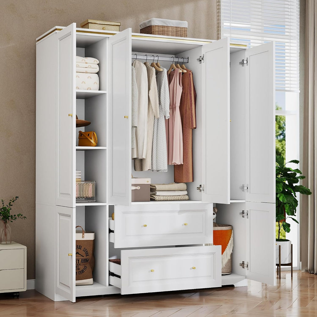 Armoire Wardrobe Closet with Drawers: 74" White Wardrobe with 2 Drawers, 4 Doors Bedroom Armoires with Hanging Rod, Tall Closet Cabinet for Hanging Clothes (59")