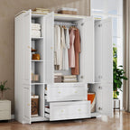 Armoire Wardrobe Closet with Drawers: 74" White Wardrobe with 2 Drawers, 4 Doors Bedroom Armoires with Hanging Rod, Tall Closet Cabinet for Hanging Clothes (59")