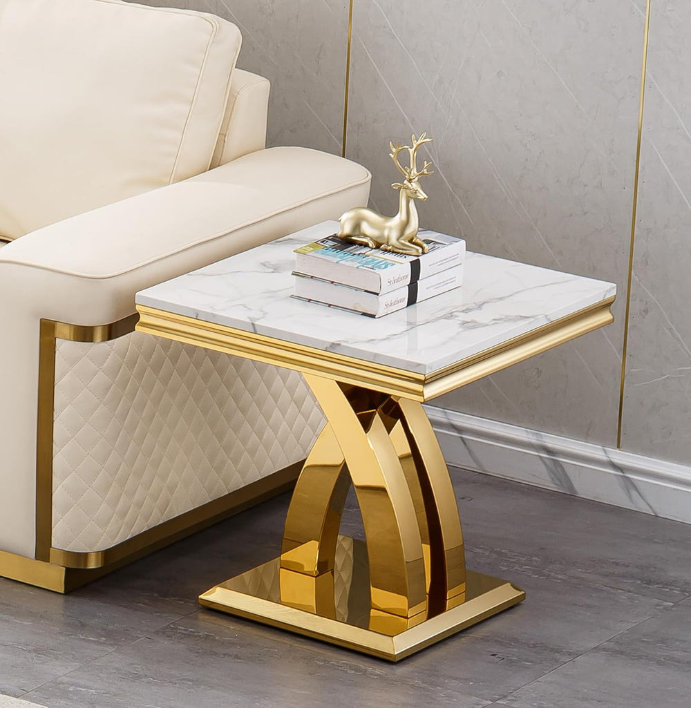 SSLine Modern White Faux Marble End Table Luxury Square Sofa Side Table with ...