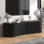 Fluted TV Stand with Storage Cabinet, 59″ Media Console with Sliding Tambour Door, Mid Century Modern Entertainment Center for Living Room, Oval Light Wood TV Stand for Bedroom, Black