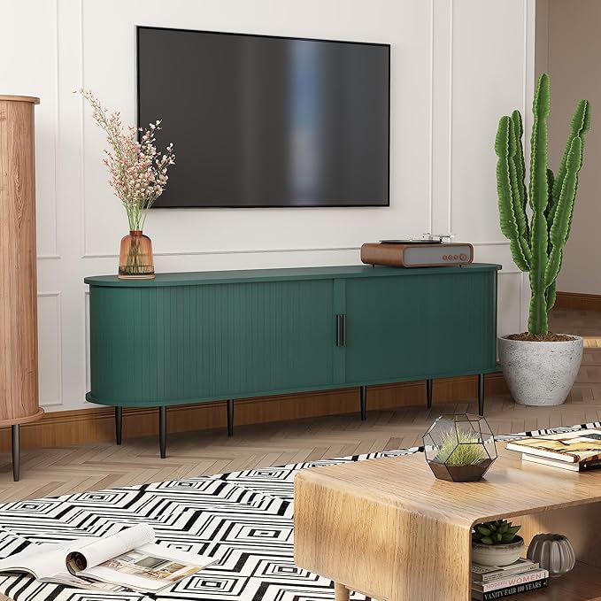 ARTPOWER 70" Modern TV Stand with Tambour Door for TVs up to 80", Entertainment Center with Storage, Fluted Television Consoles for Home, Living Room, Green
