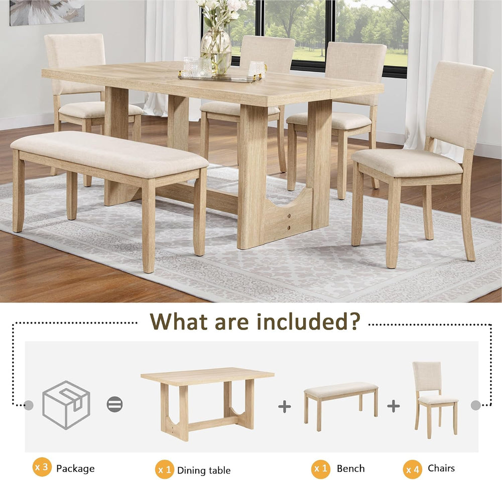 Merax Farmhouse Rectangular Dining Table with U-Shaped Base, 4 Upholstered Ch...