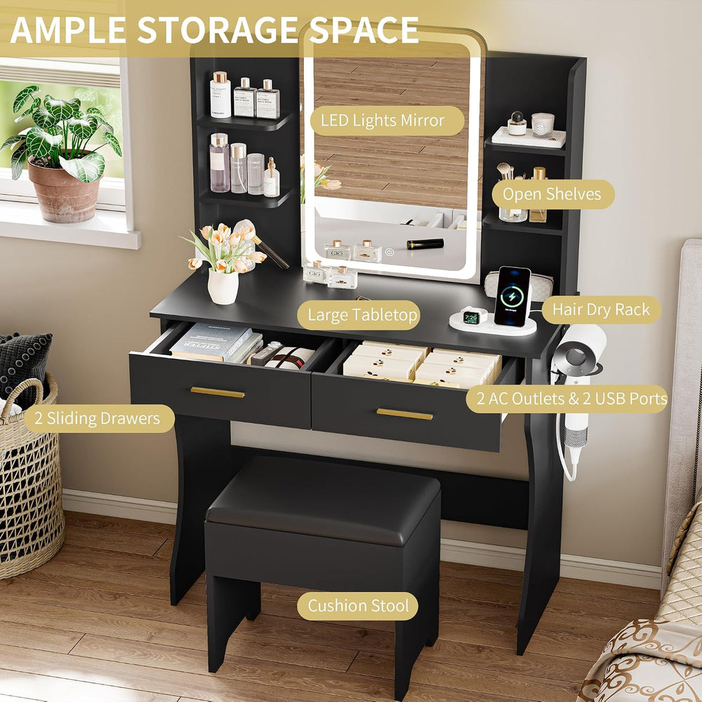 Vanity Desk with LED Lights Mirror & Power Outlet, Small Makeup Vanity Ta...