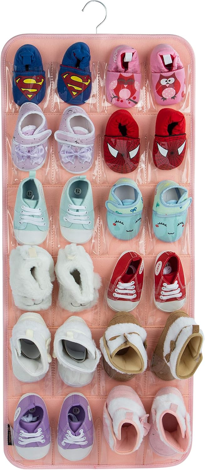 PACMAXI Over The Door Shoes Organizer for 12 Pairs of Baby Shoes Boys Girl | Hanging Baby Sole Shoe Organizer with Hanger Wall Hanging Toddler Holder(Felt Material-Pink)