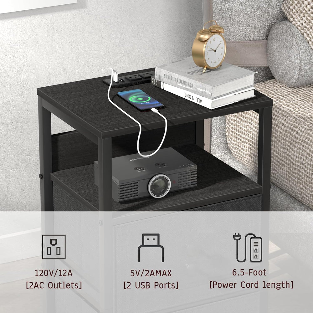 End Table with Charging Station & USB Ports, Rustic Nightstand with Fabri...