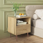 Wood Night Stand Set 2,Modern Bedside Table with Door and Open Storage,Fluted Nightstand and Wood End Side Table with Rose Gold Metal Legs and Handles for Bedroom,Living Room,Natural