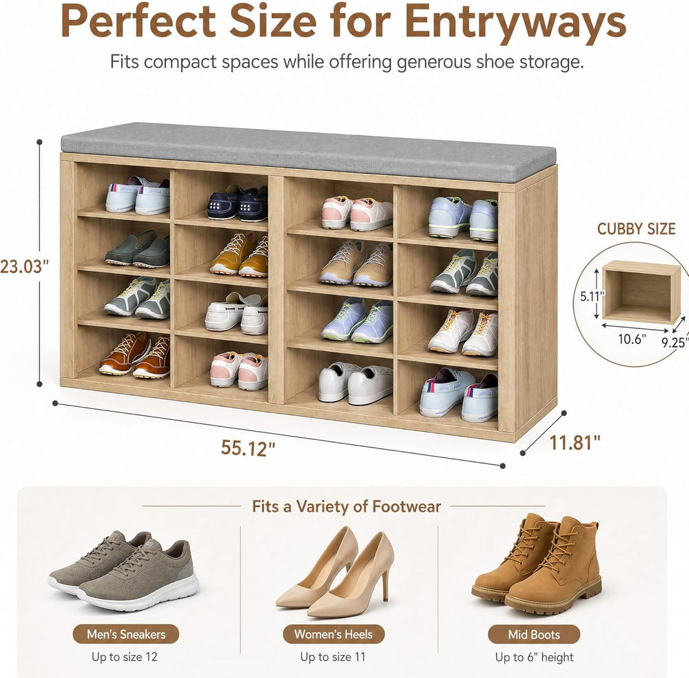 Shoe Storage Bench with Cushion, 16-Cubby Entryway Bench with Adjustable Shel...