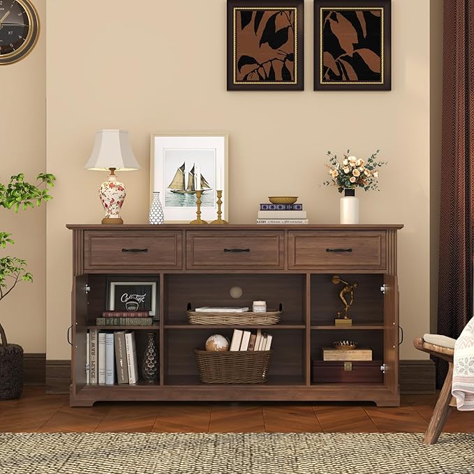 ARTPOWER TV Stand with 3 Drawers for TV up to 65'', Wood Mid Century Television Cabinet with Adjustable Shelves, Entertainment Center with Storage, Console for Living Room, Walnut