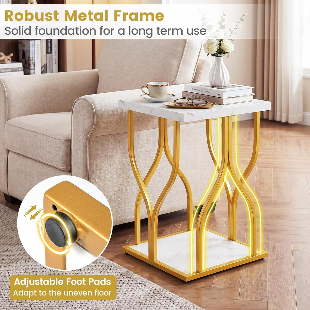 Giantex 2-Tier End Table, Faux Marble Bedside Night Stand with Storage Shelf ...