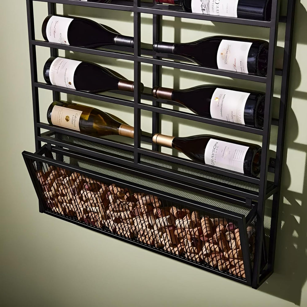 Wine Enthusiast 14-Bottle Gallery Wall Wine Rack with Cork Catcher - Black Po...