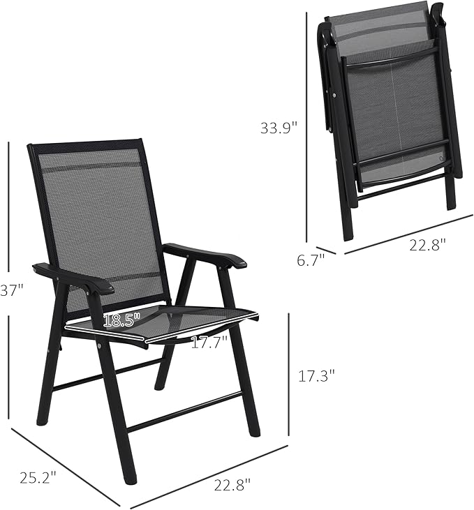 Outsunny Set of 4 Patio Folding Chairs, Stackable Outdoor Sling Patio Dining Chairs with Armrests for Lawn, Camping, Dining, Beach, Metal Frame, No Assembly, Black