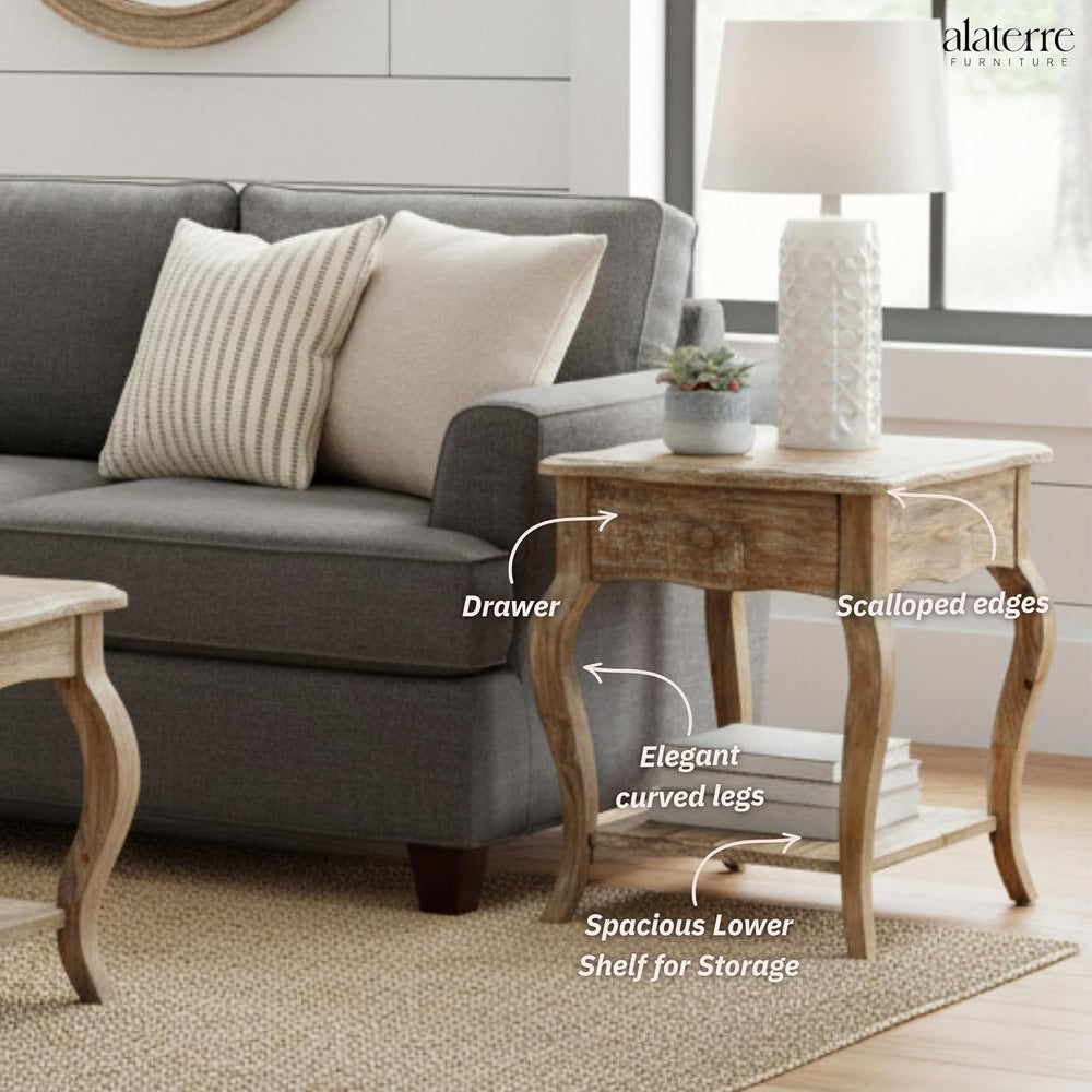 Austerity 20-Inch Rectangular Rustic Solid Wood End Table with Drawer and She...
